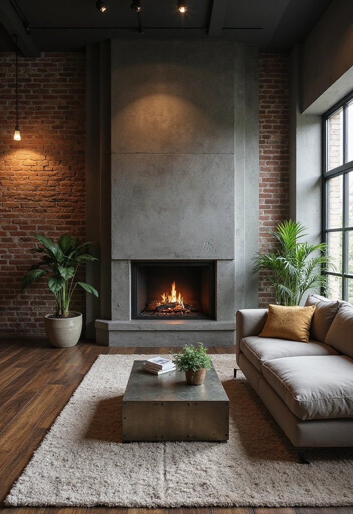 Trendy Elegance: 31 Large Living Rooms with Dark Wood Floors and Stylish Plaster Fireplaces - 5. Industrial Chic with a Warm Touch