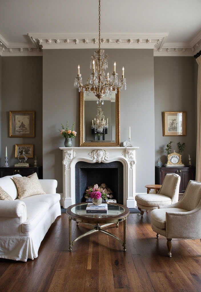 Trendy Elegance: 31 Large Living Rooms with Dark Wood Floors and Stylish Plaster Fireplaces - 6. Timeless Elegance with a Touch of Modernity