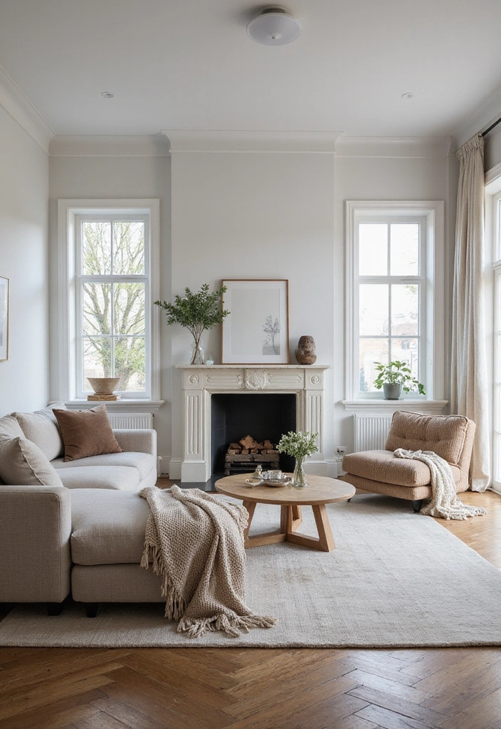 Trendy Elegance: 31 Large Living Rooms with Dark Wood Floors and Stylish Plaster Fireplaces - 7. Scandinavian Simplicity with Cozy Warmth