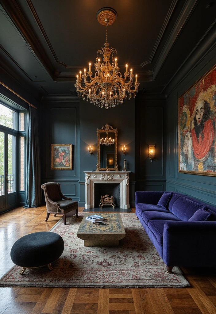Trendy Elegance: 31 Large Living Rooms with Dark Wood Floors and Stylish Plaster Fireplaces - 8. Art Deco Glamour with Contemporary Flair