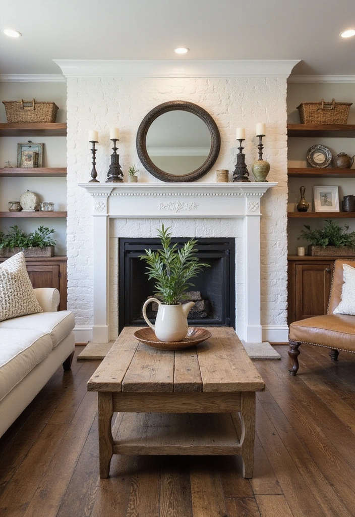 Trendy Elegance: 31 Large Living Rooms with Dark Wood Floors and Stylish Plaster Fireplaces - 9. Farmhouse Chic with a Modern Twist