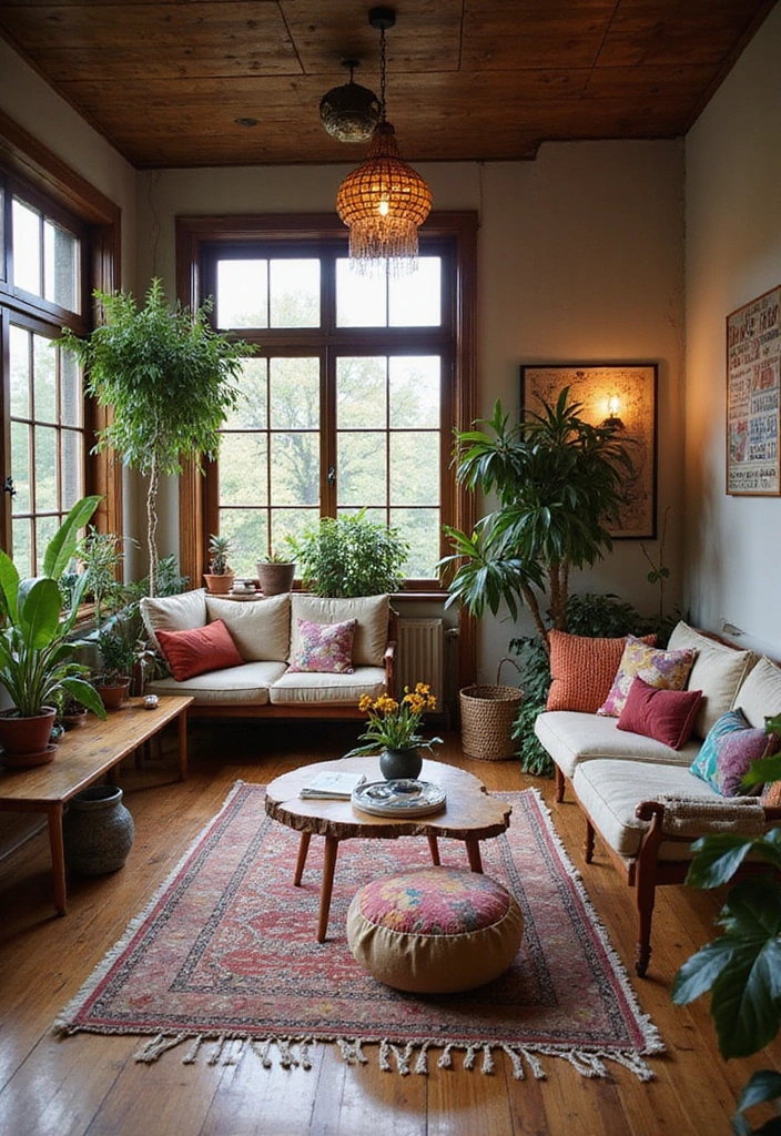 Wohnzimmer-Traum: 25 Ideen mit eleganten Eichenholzdielen und modernen Designerleuchten! - 16. Bohemian Flair