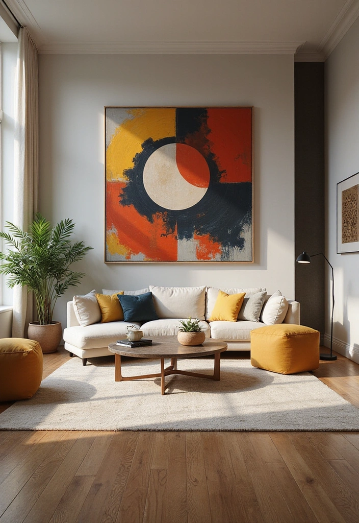 Wohnzimmer-Traum: 25 Ideen mit eleganten Eichenholzdielen und modernen Designerleuchten! - 17. Zeitgenössische Kunst-Integration