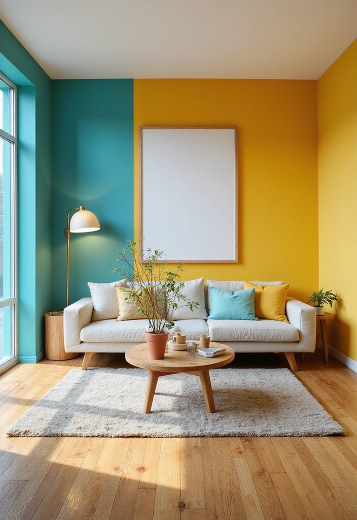 Wohnzimmer-Traum: 25 Ideen mit eleganten Eichenholzdielen und modernen Designerleuchten! - 20. Farbenfrohe Akzentwände