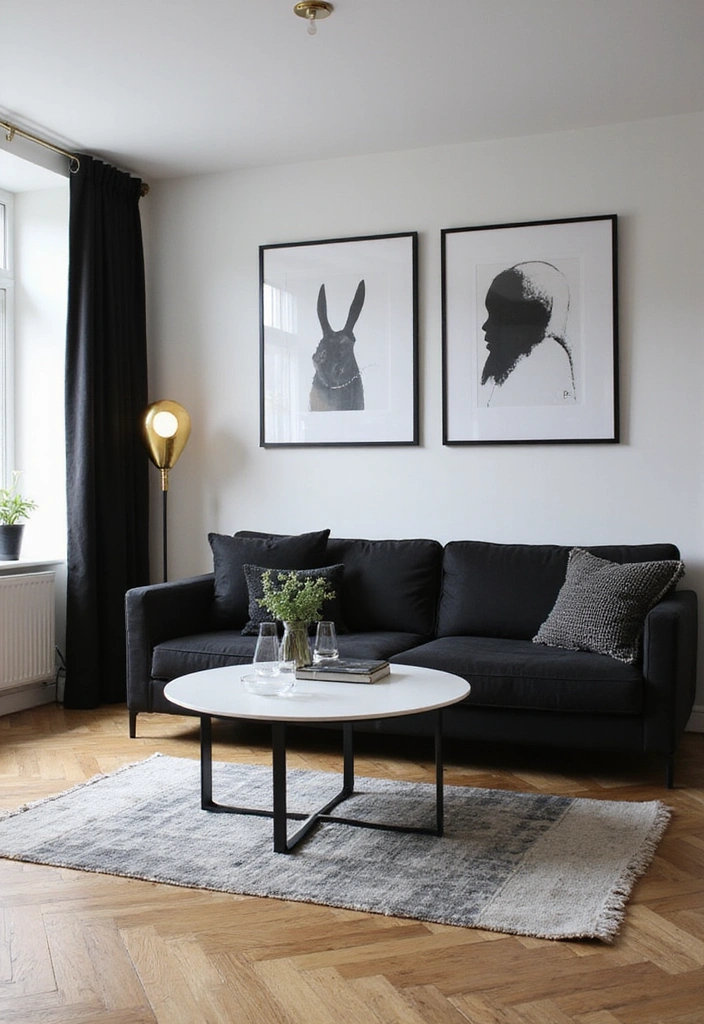 Wohnzimmer-Traum: 25 Ideen mit eleganten Eichenholzdielen und modernen Designerleuchten! - 21. Elegante Schwarz-Weiß-Kombination
