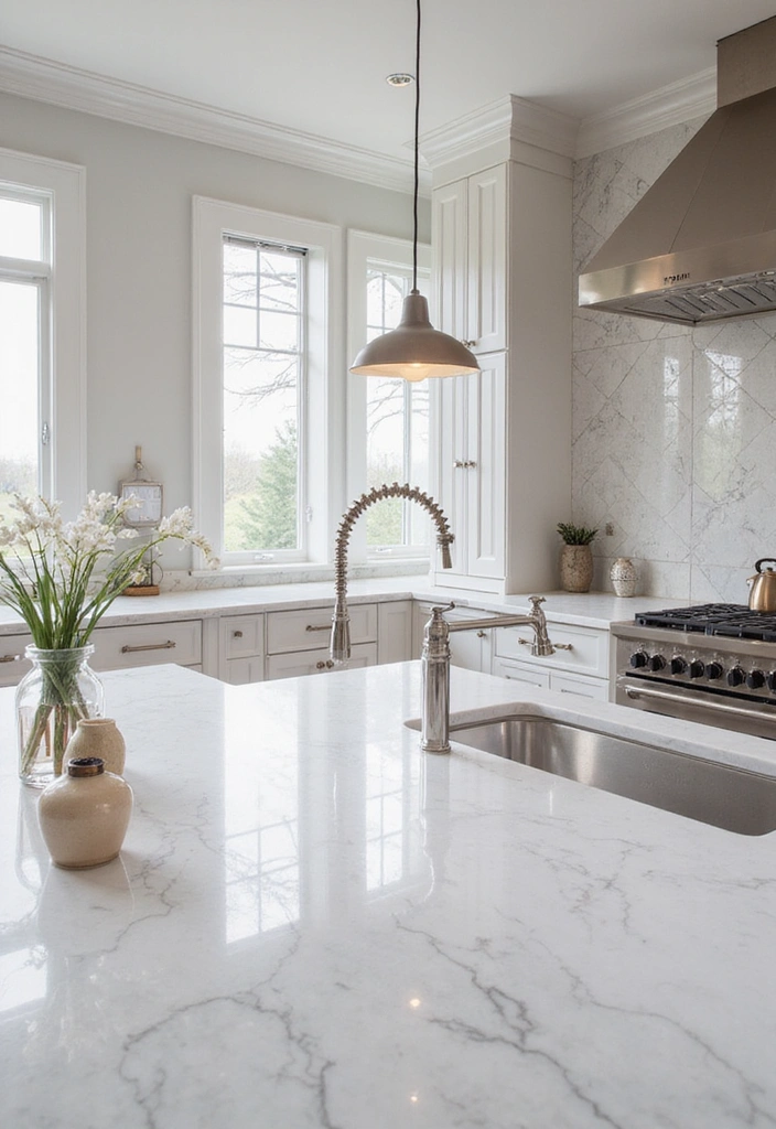 Zeitlose Eleganz: 21 Moderne Küche mit strahlend weißen Quarz-Arbeitsplatten! - 17. Küchendesign mit Marmorakzenten: Luxuriöse Kombinationen