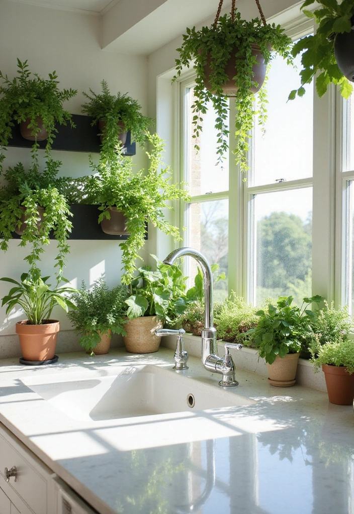Zeitlose Eleganz: 21 Moderne Küche mit strahlend weißen Quarz-Arbeitsplatten! - 19. Küchen mit botanischen Elementen: Grüner Genuss